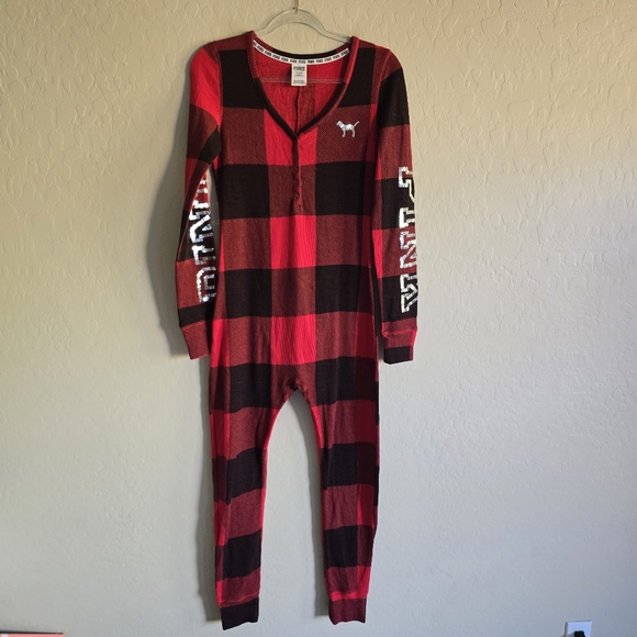 Victoria's Secret PINK Red Plaid Onesie Bling Medium - Picture 2 of 10